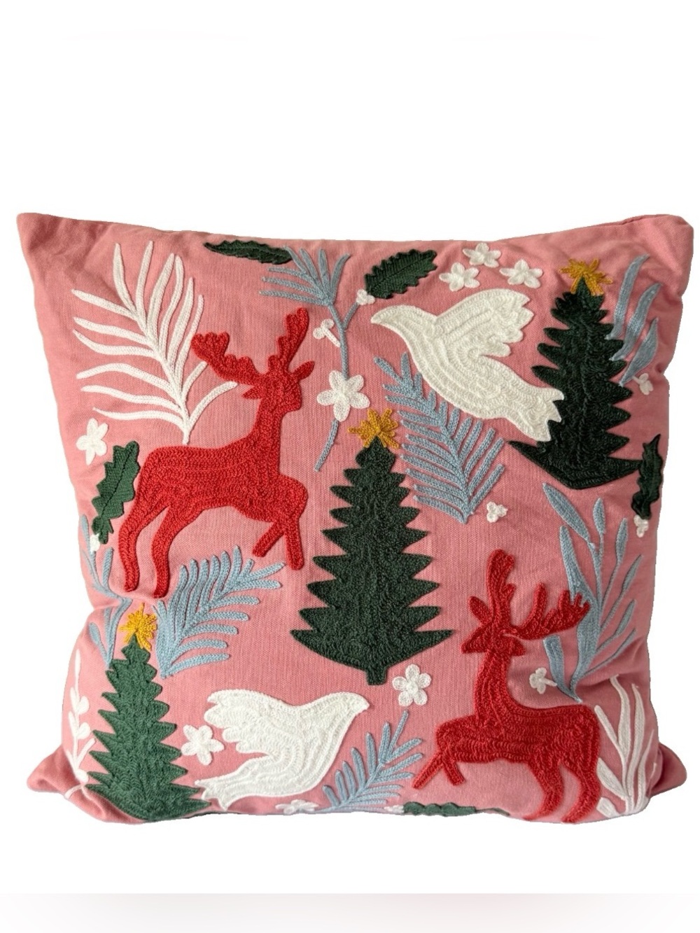 Opalhouse Jungalow Pink Christmas Pillow 18x18 Embroidered Deer Birds Trees New